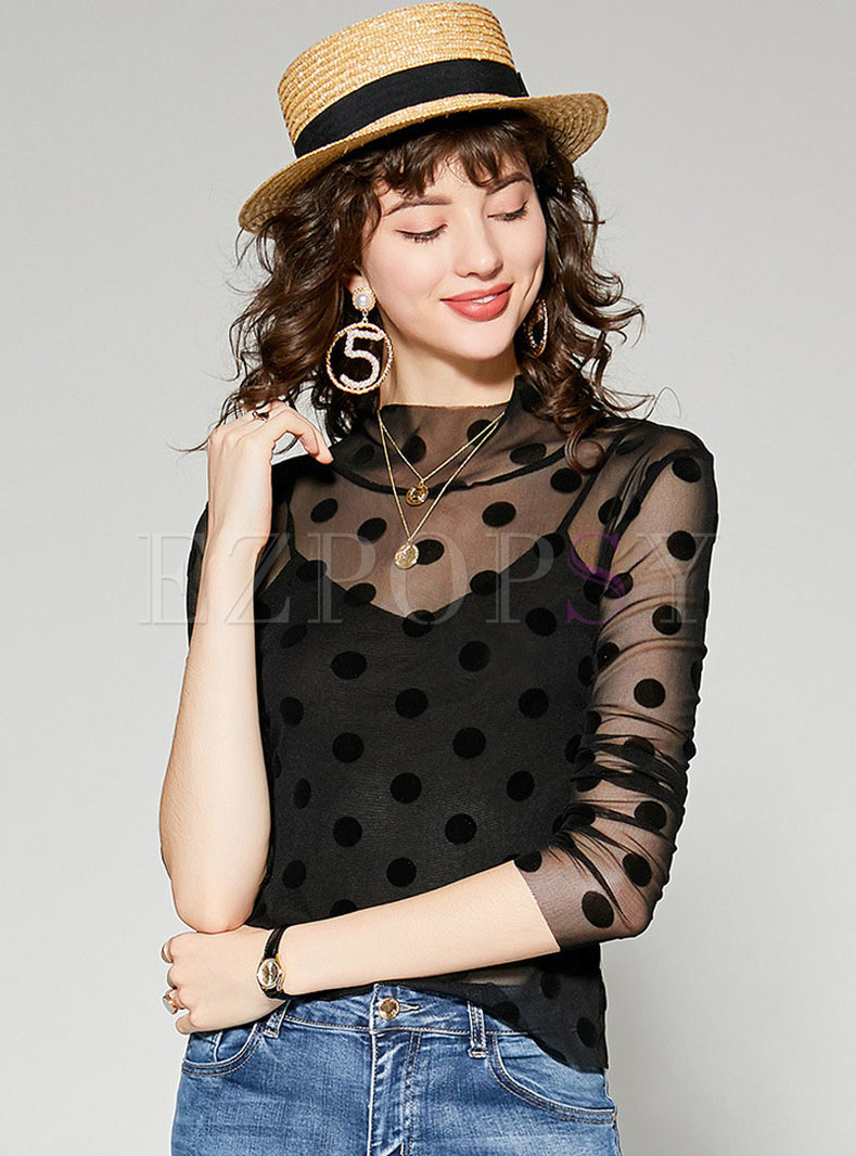 Sexy See-though Dots Pattern Mesh Splicing Top