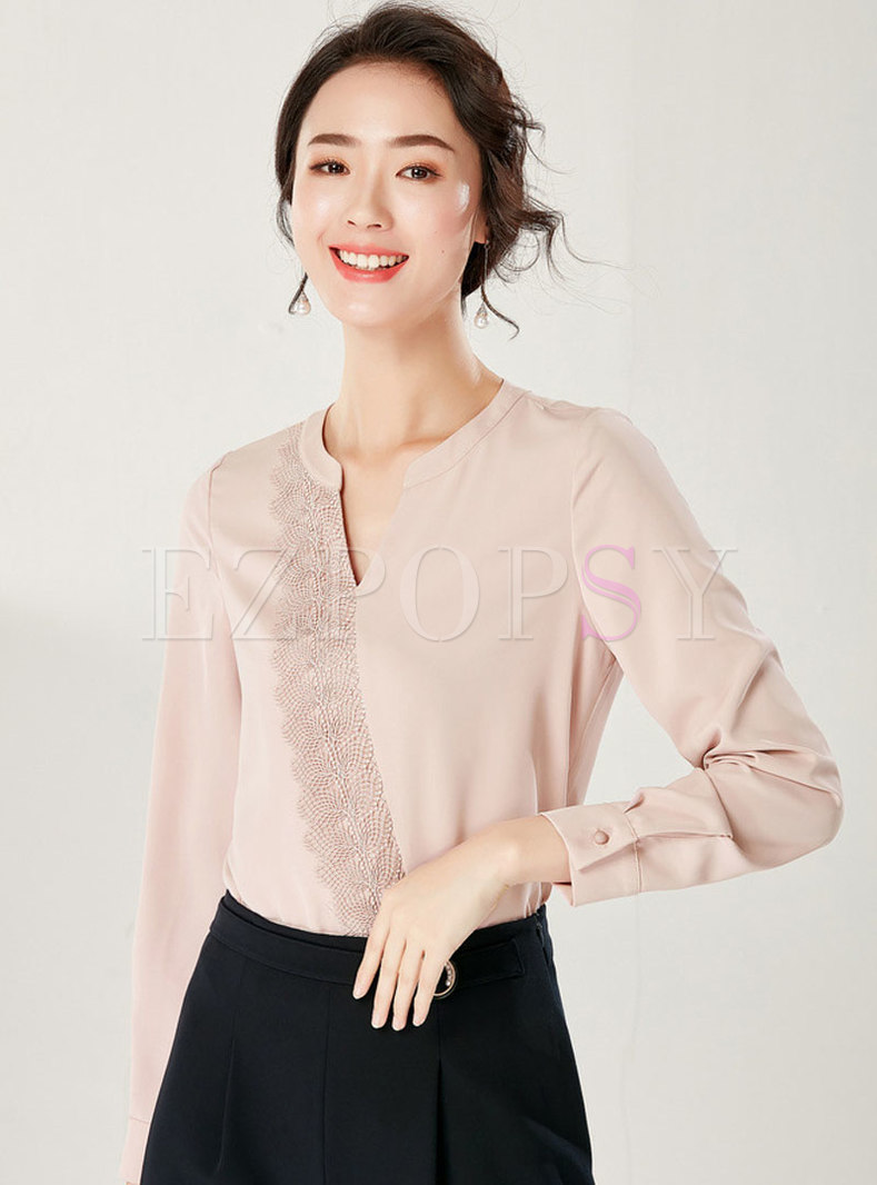 Stylish V-neck Openwork Lace Pullover Blouse