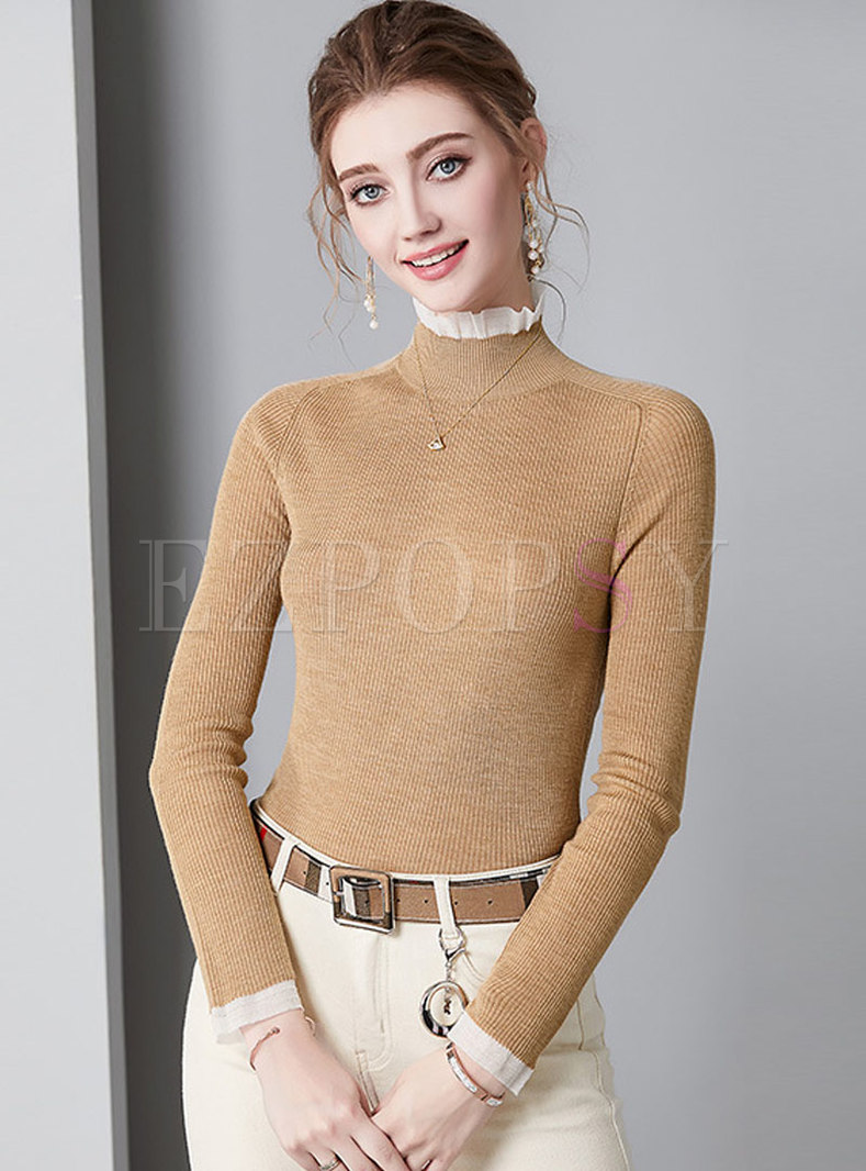 Brief Brown High Neck Knitted Pullover Sweater