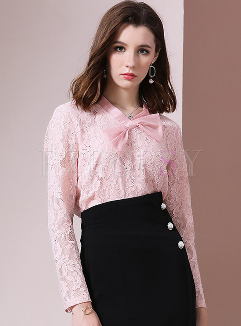 Stylish V-neck Bowknot Hollow Out Top