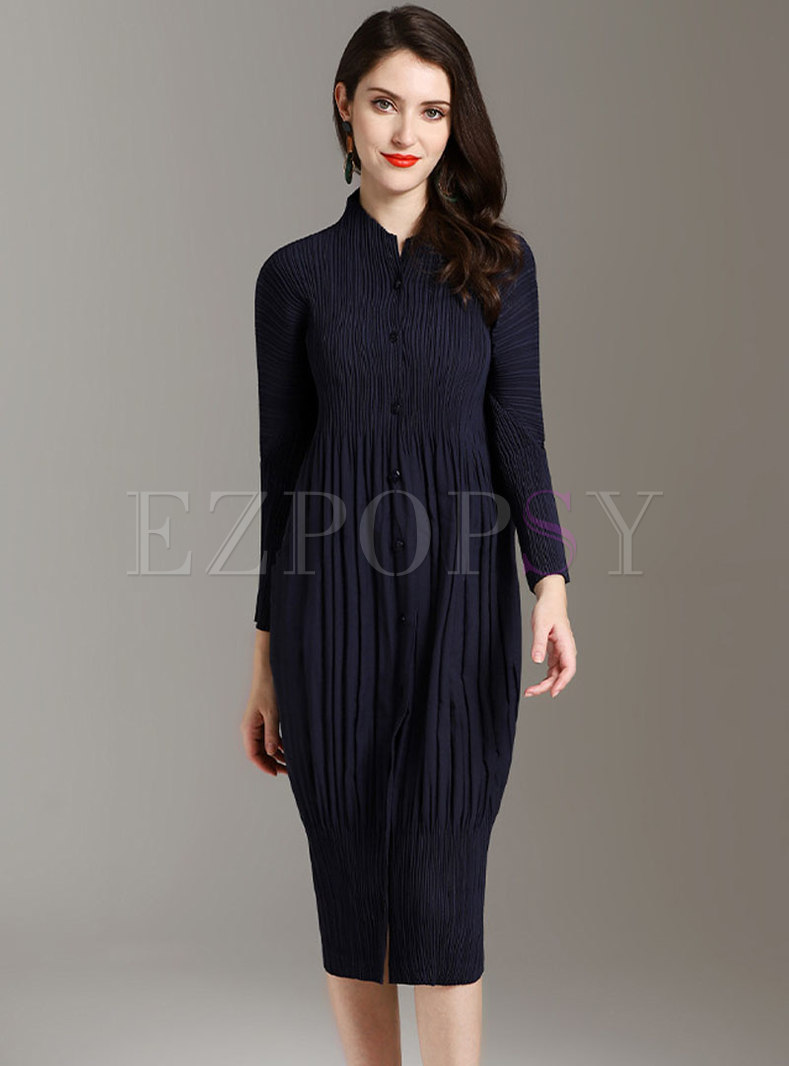 Brief Pleated Long Sleeve Knitted Dress