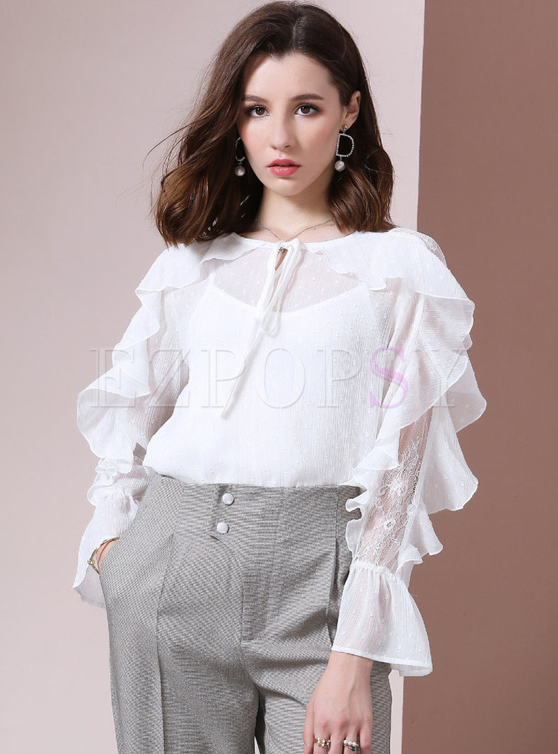 Tops | Blouses | Pure Color Tied Mesh Splicing Chiffon Blouse