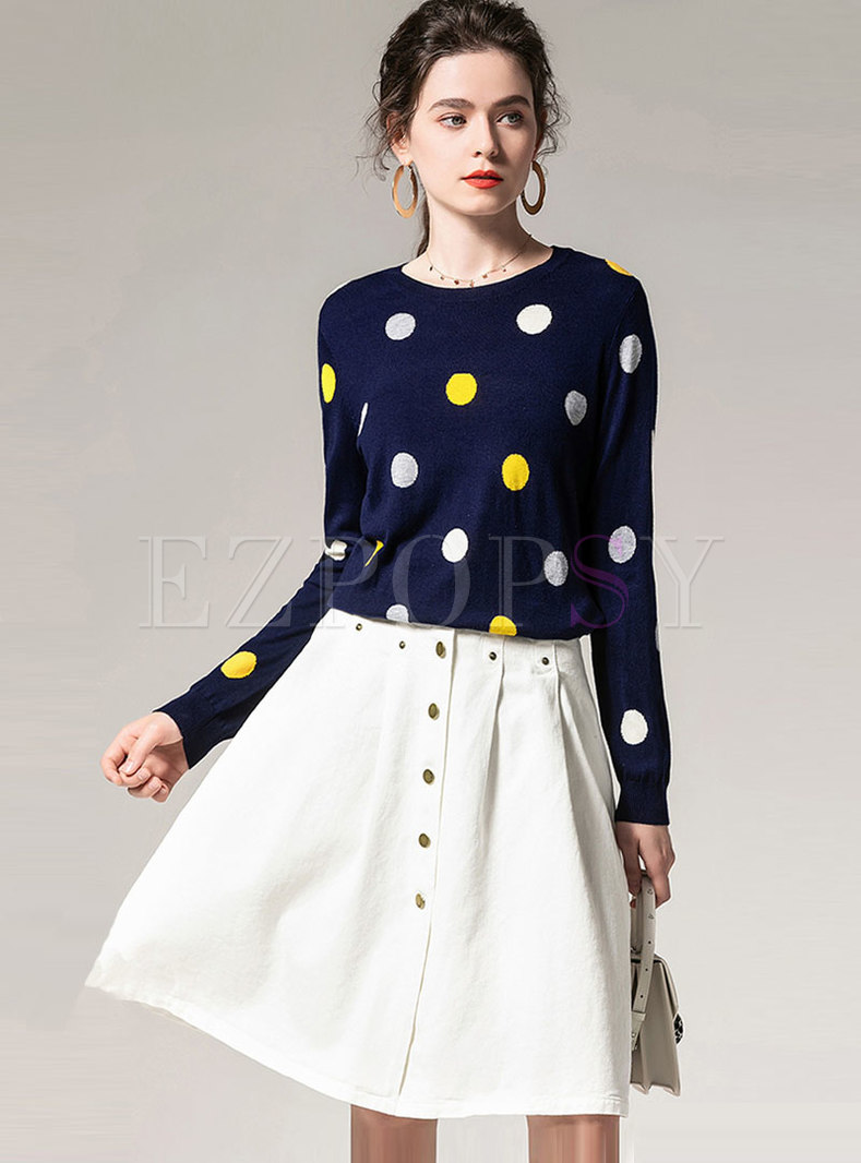 Dot O-neck Sweater & A Line Skirt