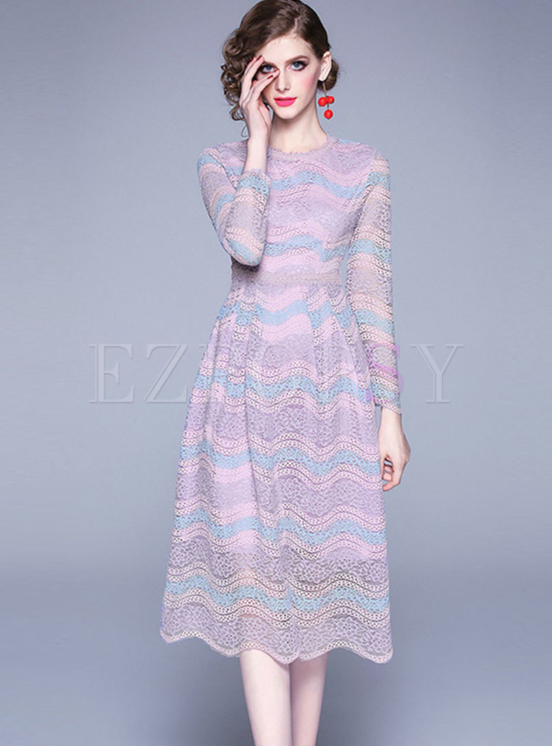 O-neck Wave Striped Lace Midi Dress