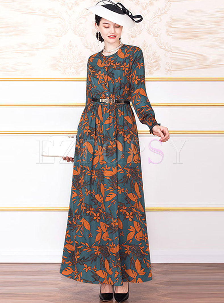 Dresses | Maxi Dresses | Vintage O-neck Print Big Hem Maxi Dress