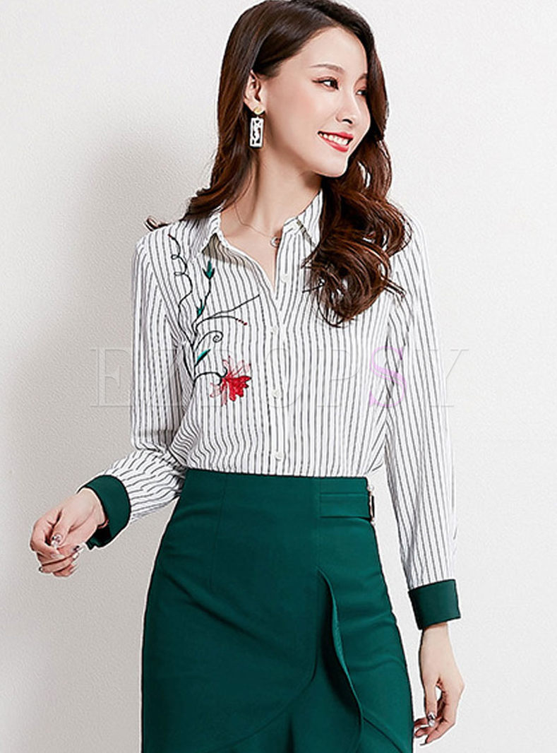 Chic Lapel Striped Embroidered Blouse