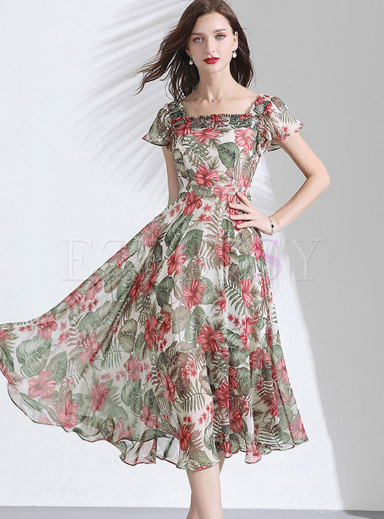 Retro Square Neck Floral Chiffon Dress