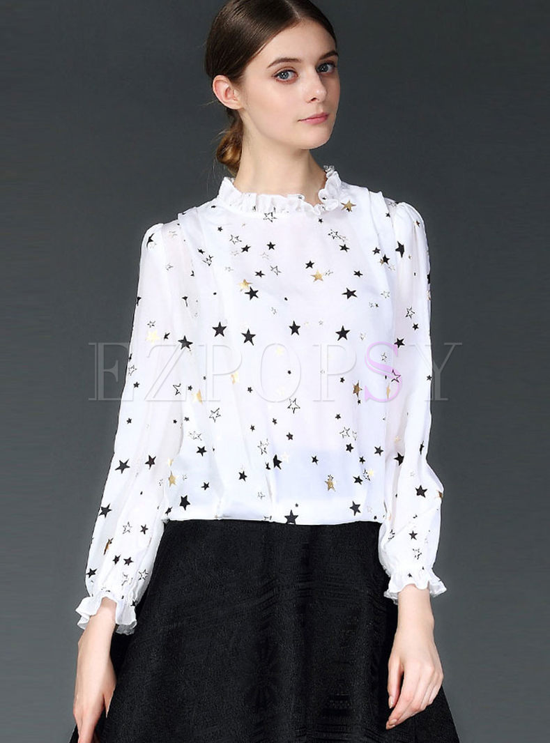 Sweet Standing Collar Star Print Blouse