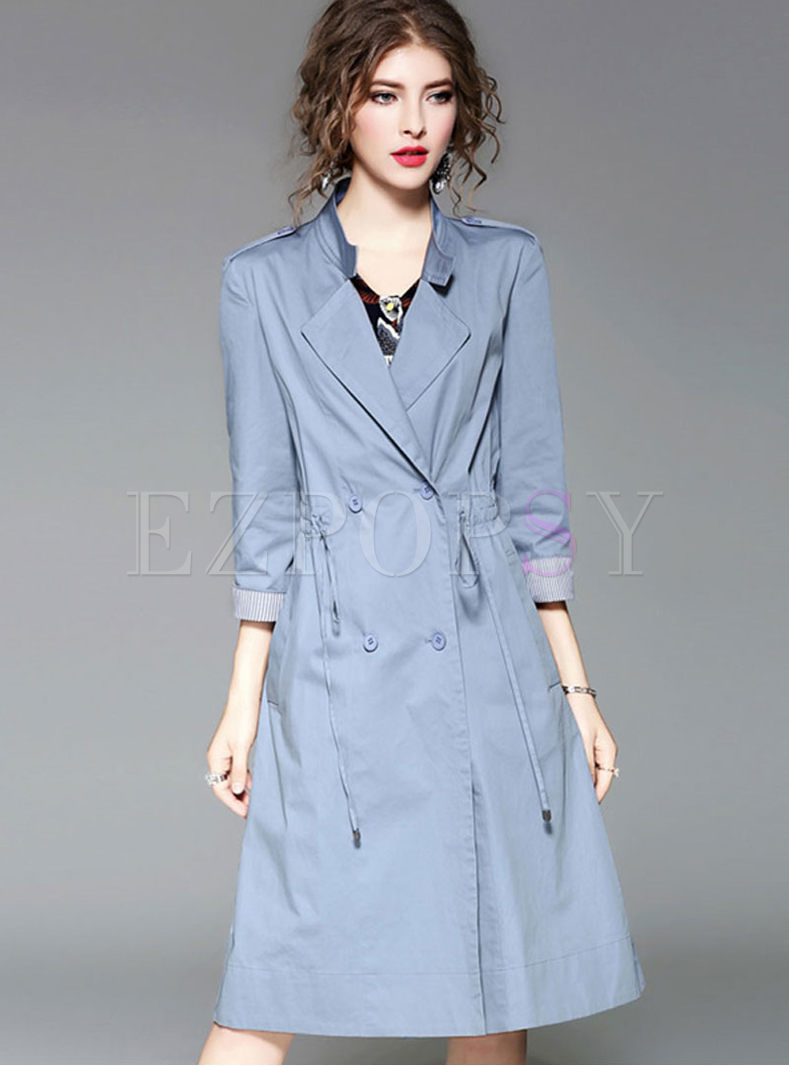 Blue Drawcord A Line Trench Coat
