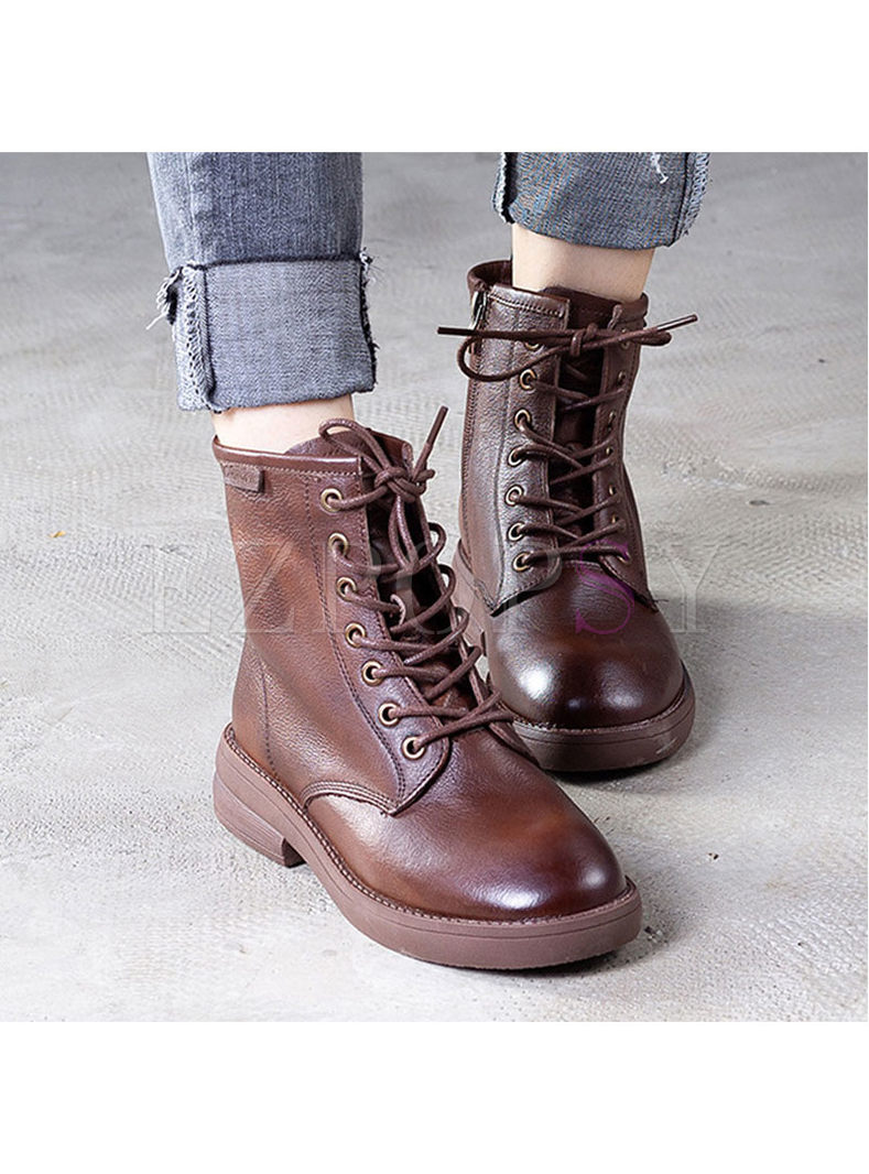 Round Head Flat Boots With Shoelace