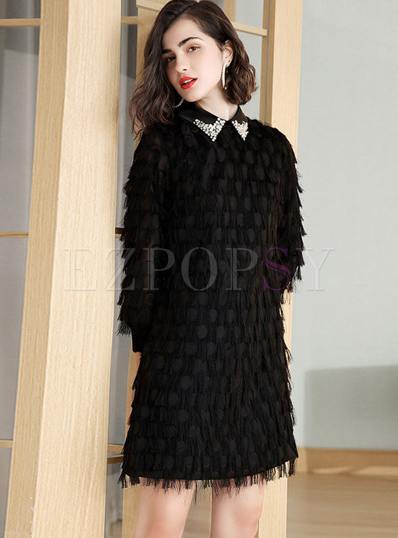black long sleeve tassel dress