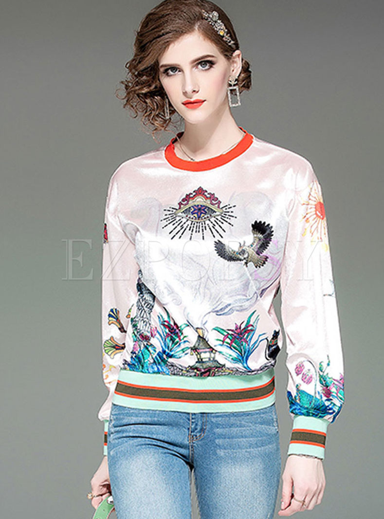 Fashion Print Pullover Velvet Sweatshirt