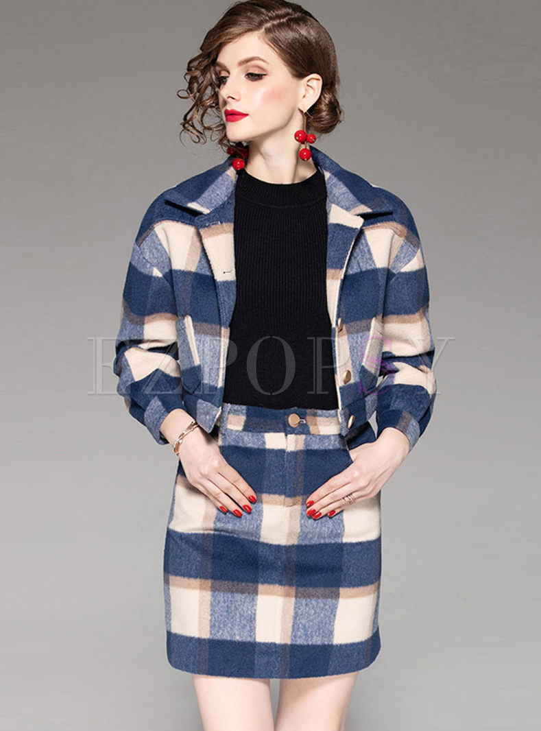 Lapel Color-blocked Plaid Three Piece Outfits