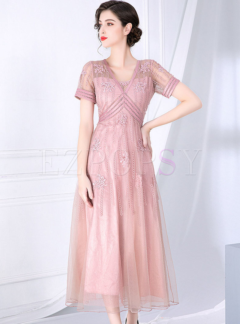 Dresses | Maxi Dresses | Mesh Embroidered Splicing High Waist Maxi Dress