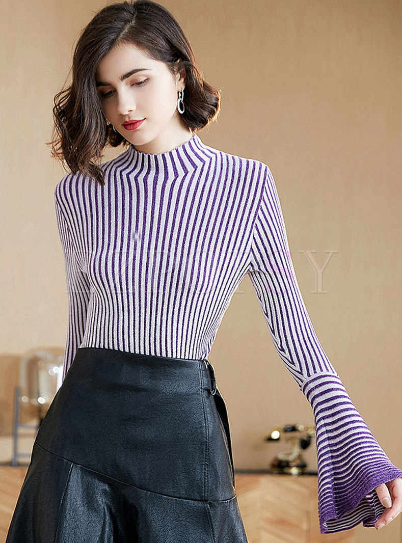 Stylish Striped Flare Sleeve Knitted Sweater