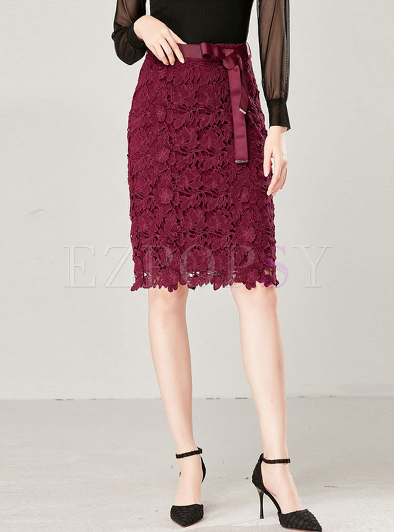 Solid Color High Waisted Lace Skirt