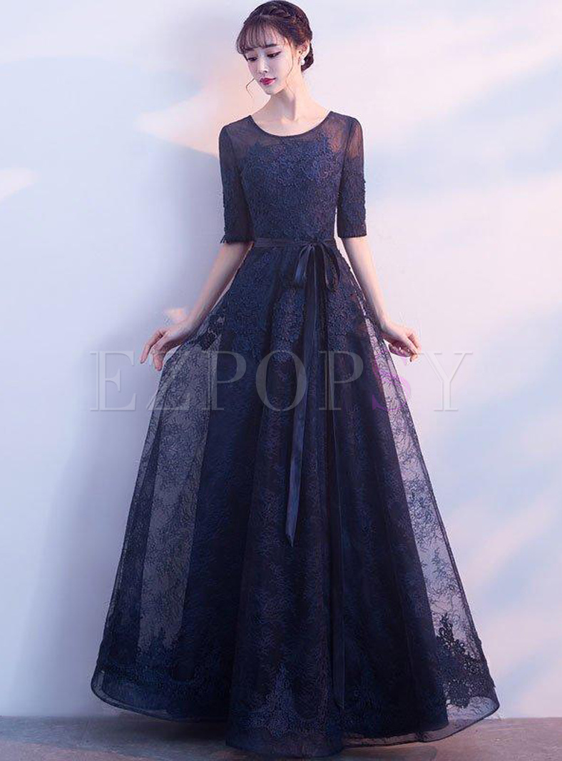 Lace Solid Color Sashes O-Neck Half Sleeves Prom Dresses