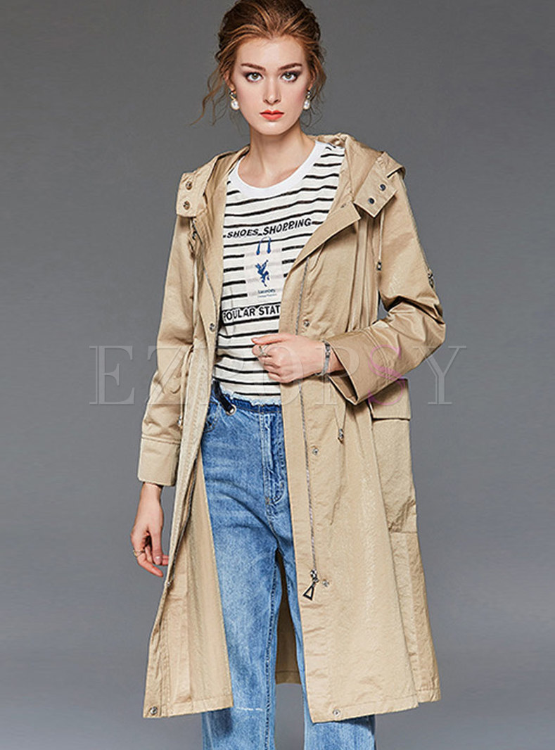 Brief Khaki Hooded Tied Comfortable Trench Coat