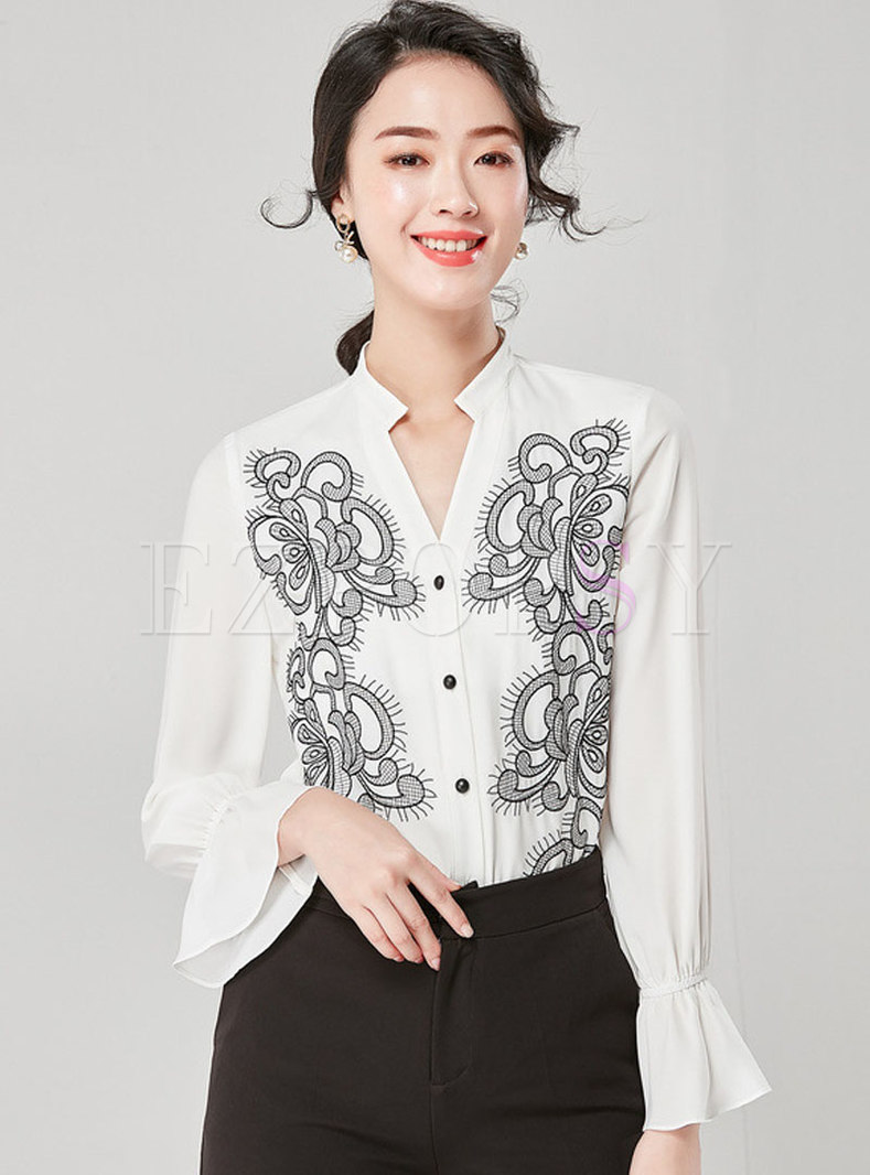 Stylish Embroidered Flare Sleeve Pullover Blouse