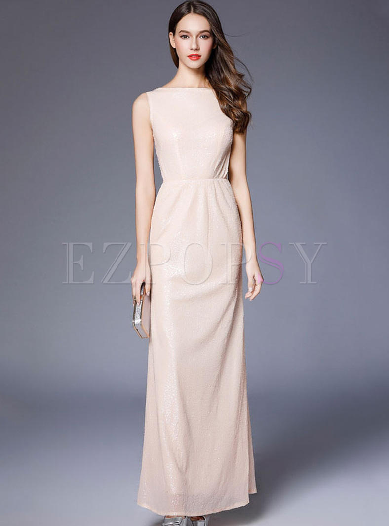 Sequined Solid Color O-Neck Sleevesless Backless Long Dresses