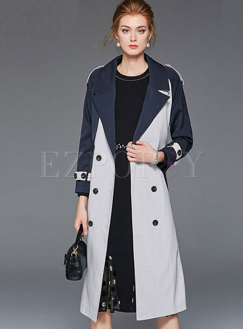 Fashion Color-blocked Lapel Trench Coat