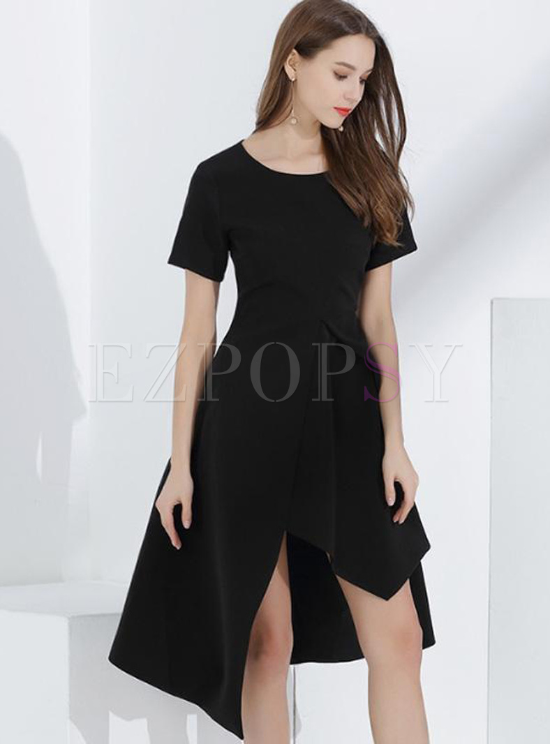 Solid Color O-Neck Short Sleeves High Waist Midi Asymmetrical Dresses