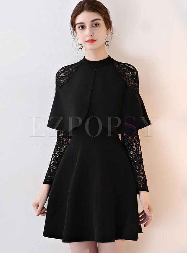 Lace Hollow Out Solid Color Long Sleeves High Waist Mini Dresses
