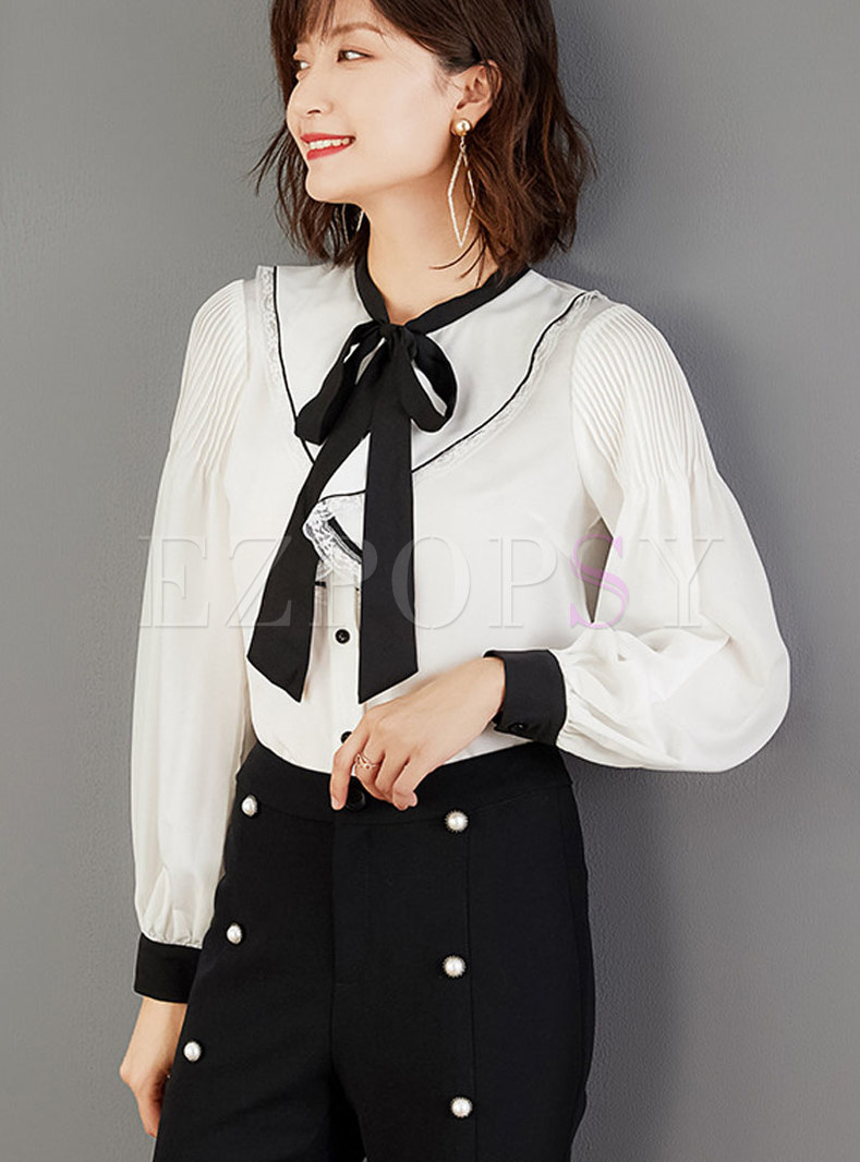 Casual Lace Tied Bowknot Zip-up Blouse