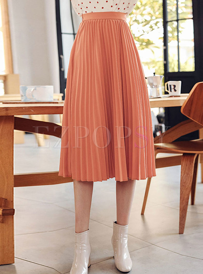 Brief Solid Color Pleated A Line Skirt