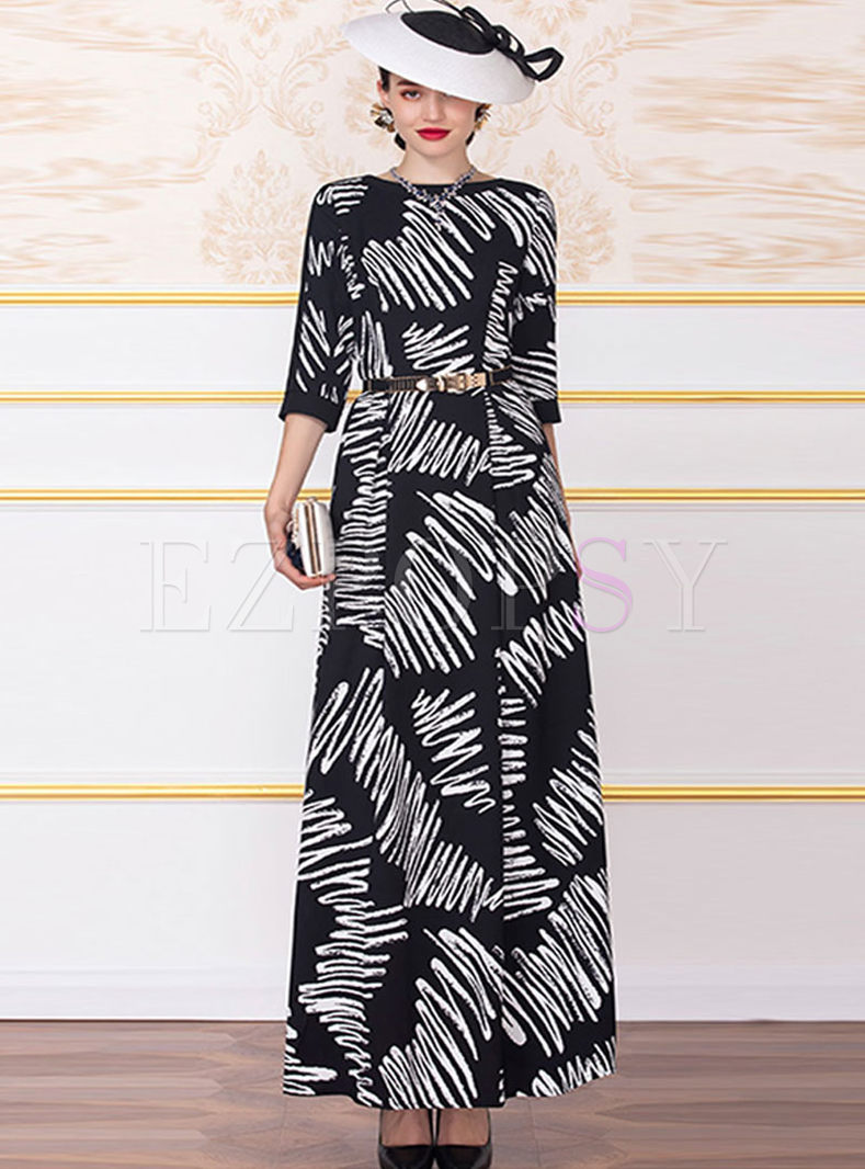 O-neck Print 3/4 Sleeve Maxi Dress