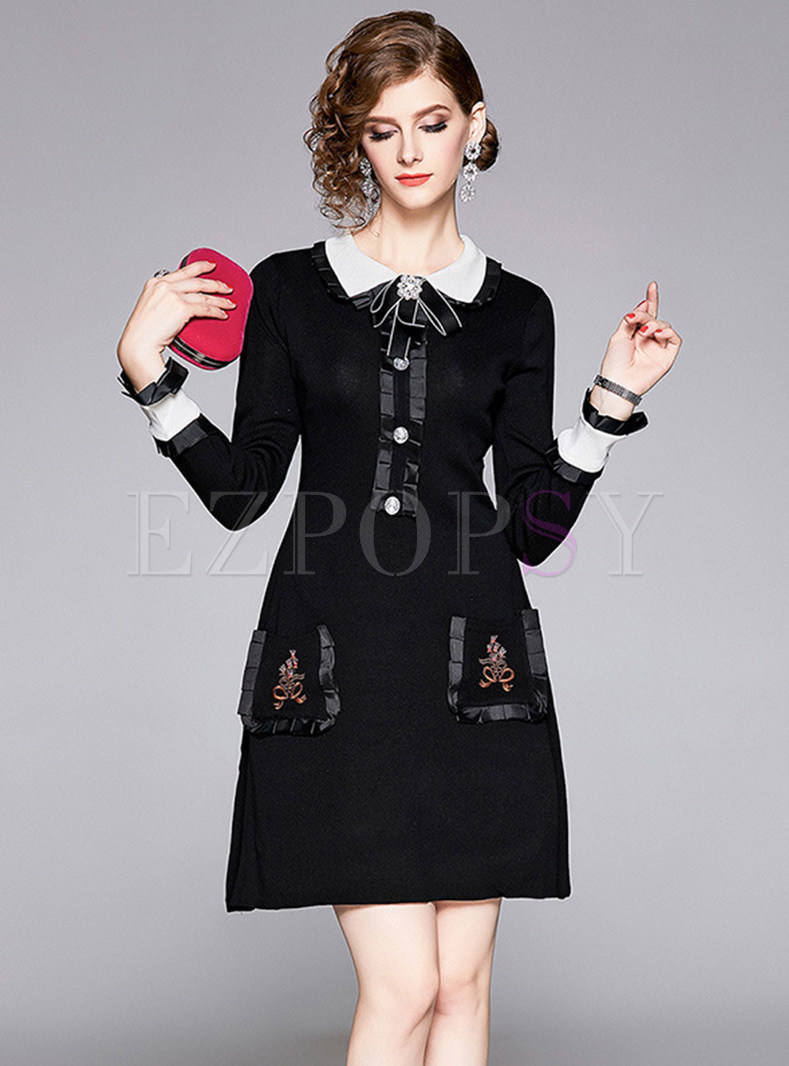 Doll Collar Long Sleeve Beading Sweater Dress