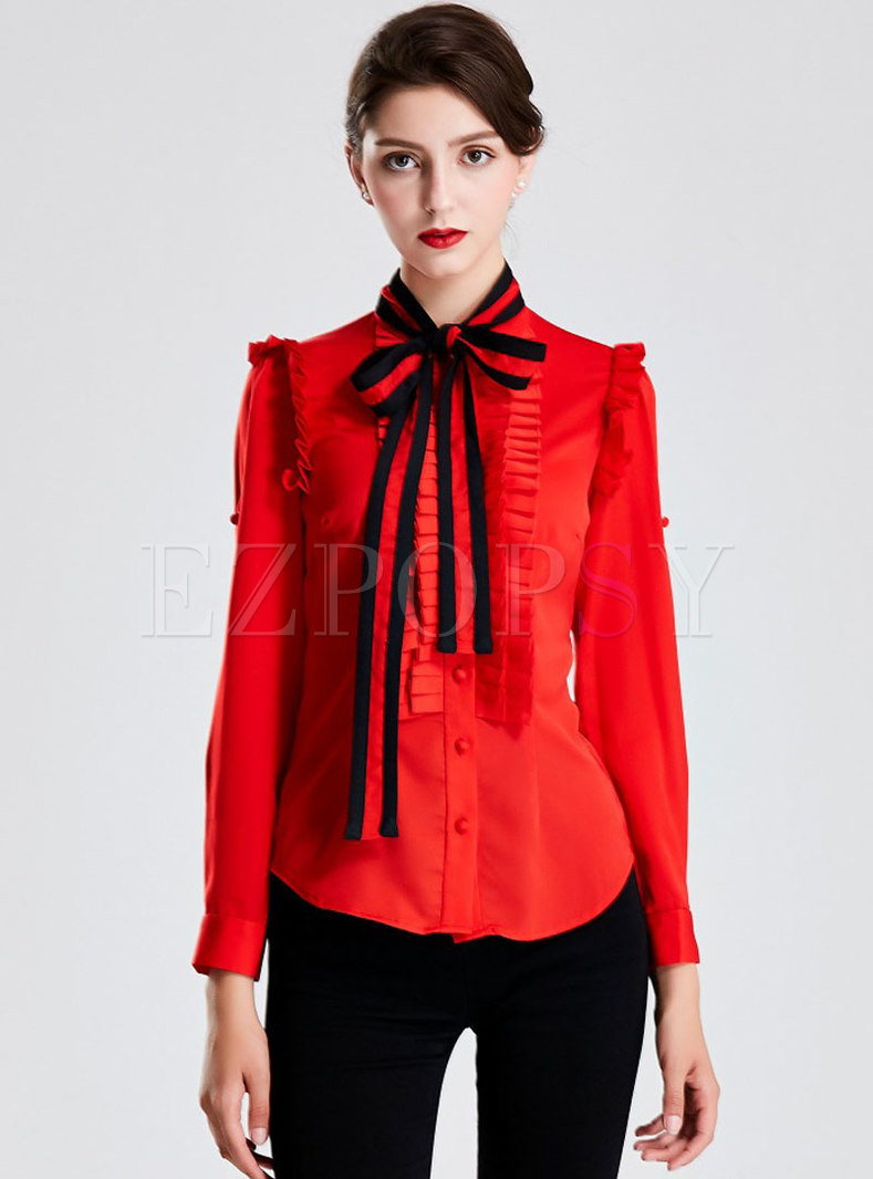 Solid Color Falbala Tied Slim Blouse