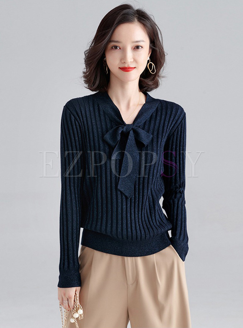 Brief Tie-collar Thin Pullover Sweater