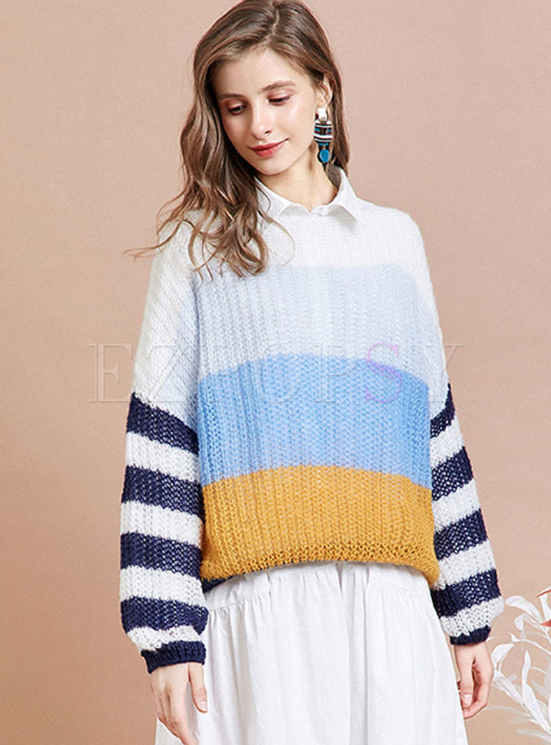 Loose O-neck Striped Pullover Sweater