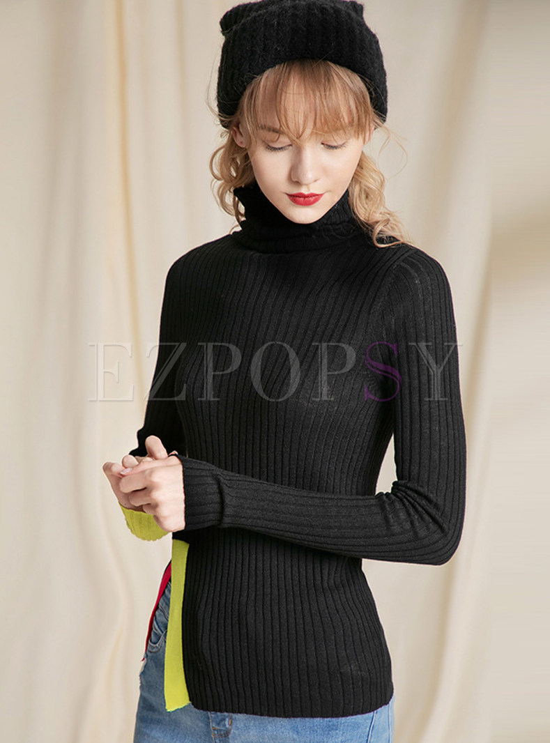 Black High Collar Side Slit Pullover Sweater