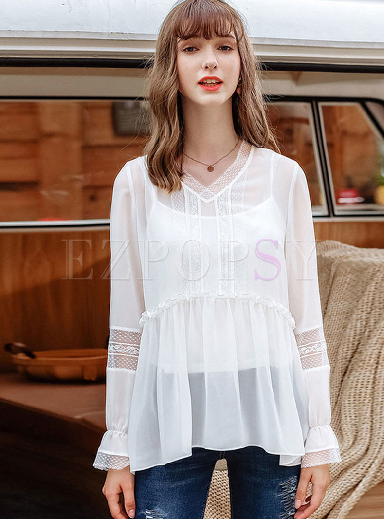 V-neck Perspective Loose Blouse With Camisole