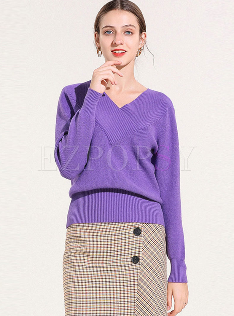 Tops | Sweaters | Purple V-neck Slim Long Sleeve Sweater