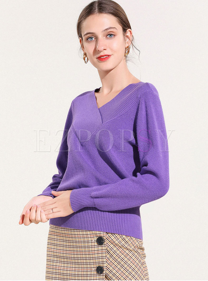 Tops | Sweaters | Purple V-neck Slim Long Sleeve Sweater