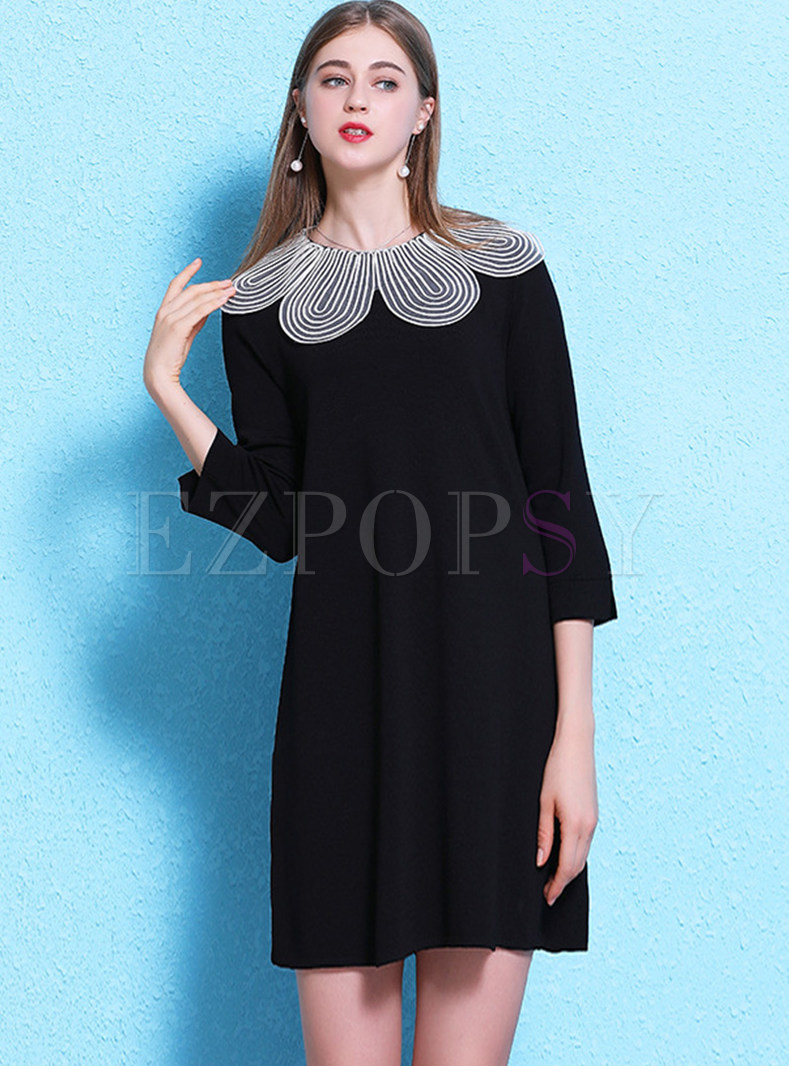 Black Petal Collar 3/4 Sleeve Shift Dress