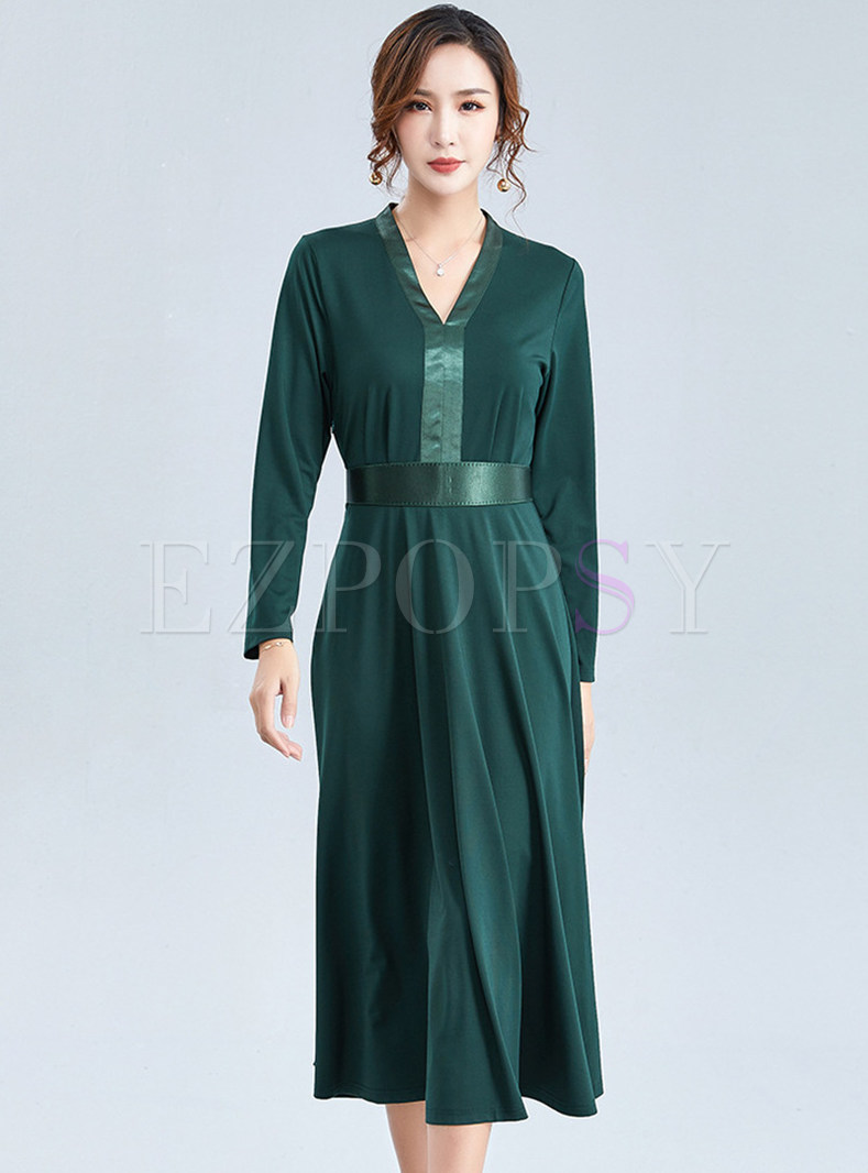 Deep Green V-neck Waist Nylon Dress