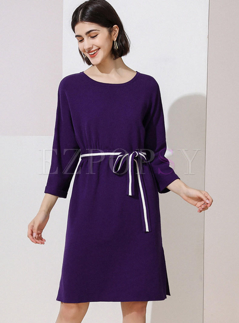 Casual O-neck Loose Knit Dress With Belt