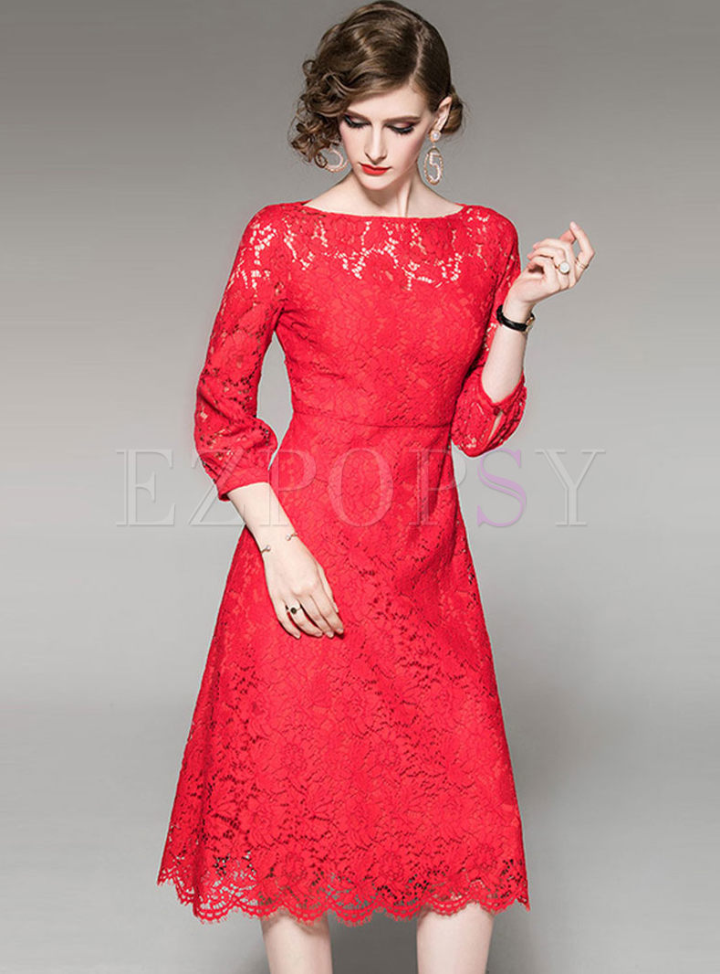 Red Lace 3/4 Sleeve Openwork Midi Dress