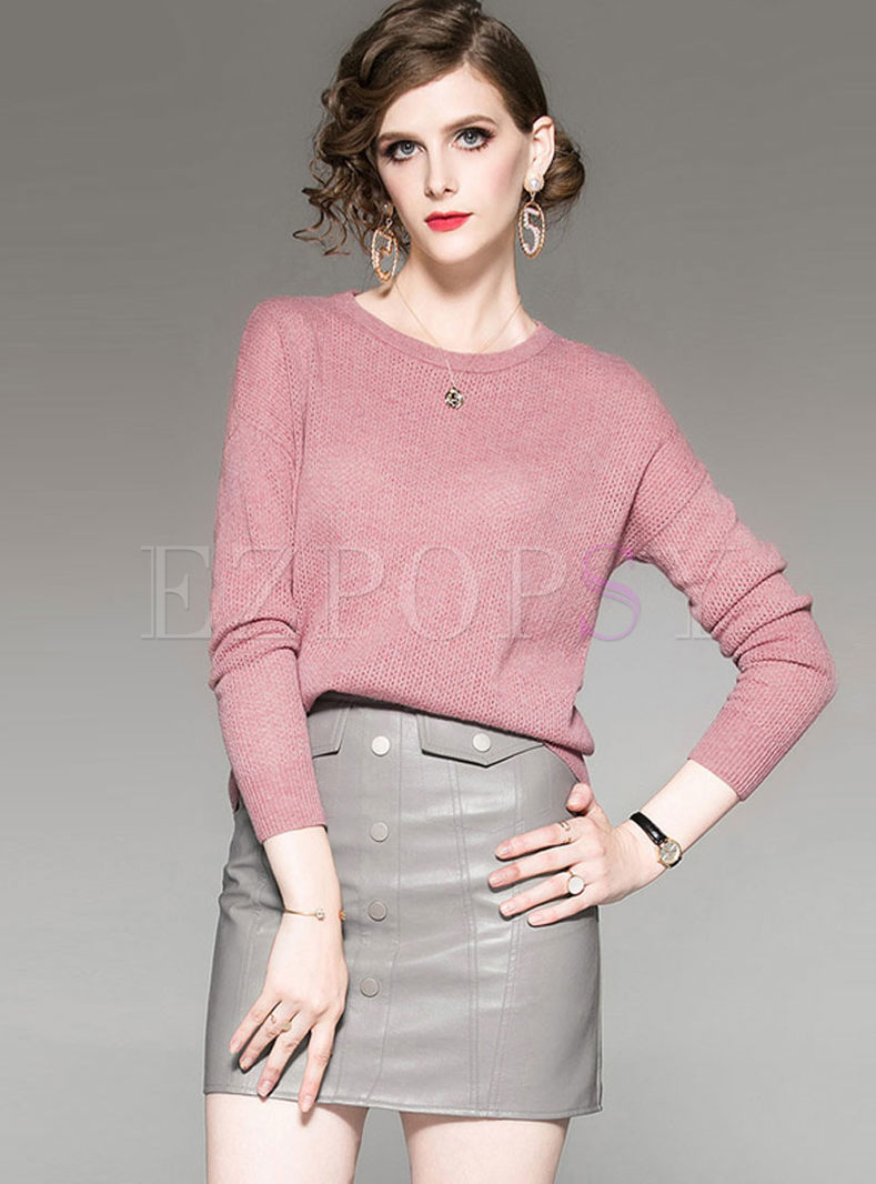 O-neck Loose Pullover Sweater & PU Slim Skirt