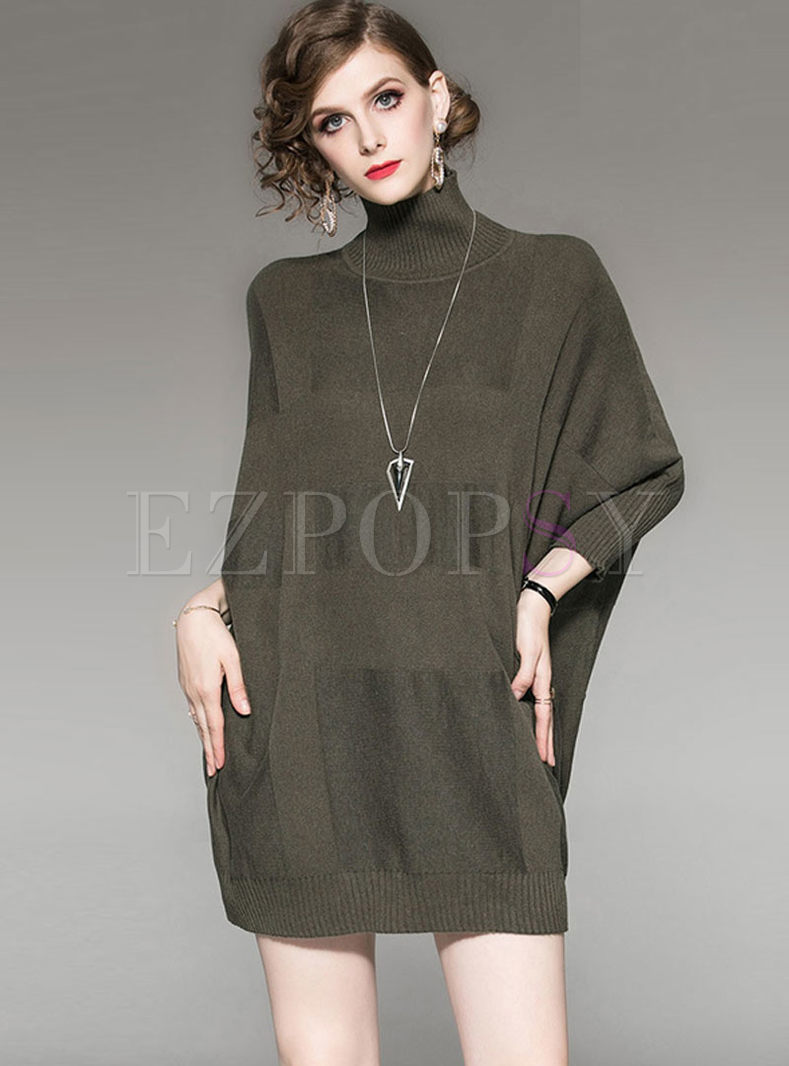 Solid Color Turtleneck Mini Knitted Dress