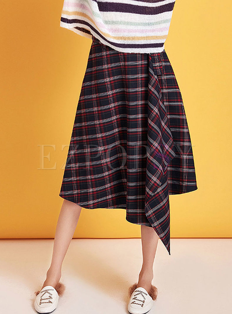 Retro High Waist Plaid Irregular Skirt