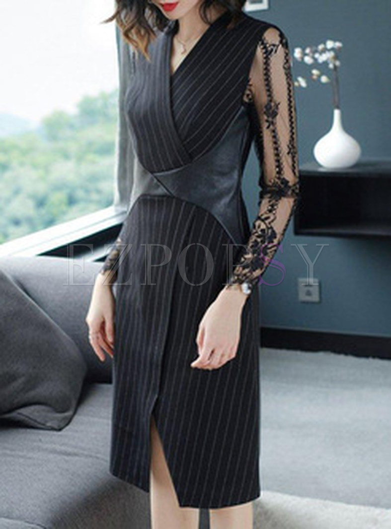 Lace Contrast Stripe V-Neck Long Sleeves Sheath Dresses