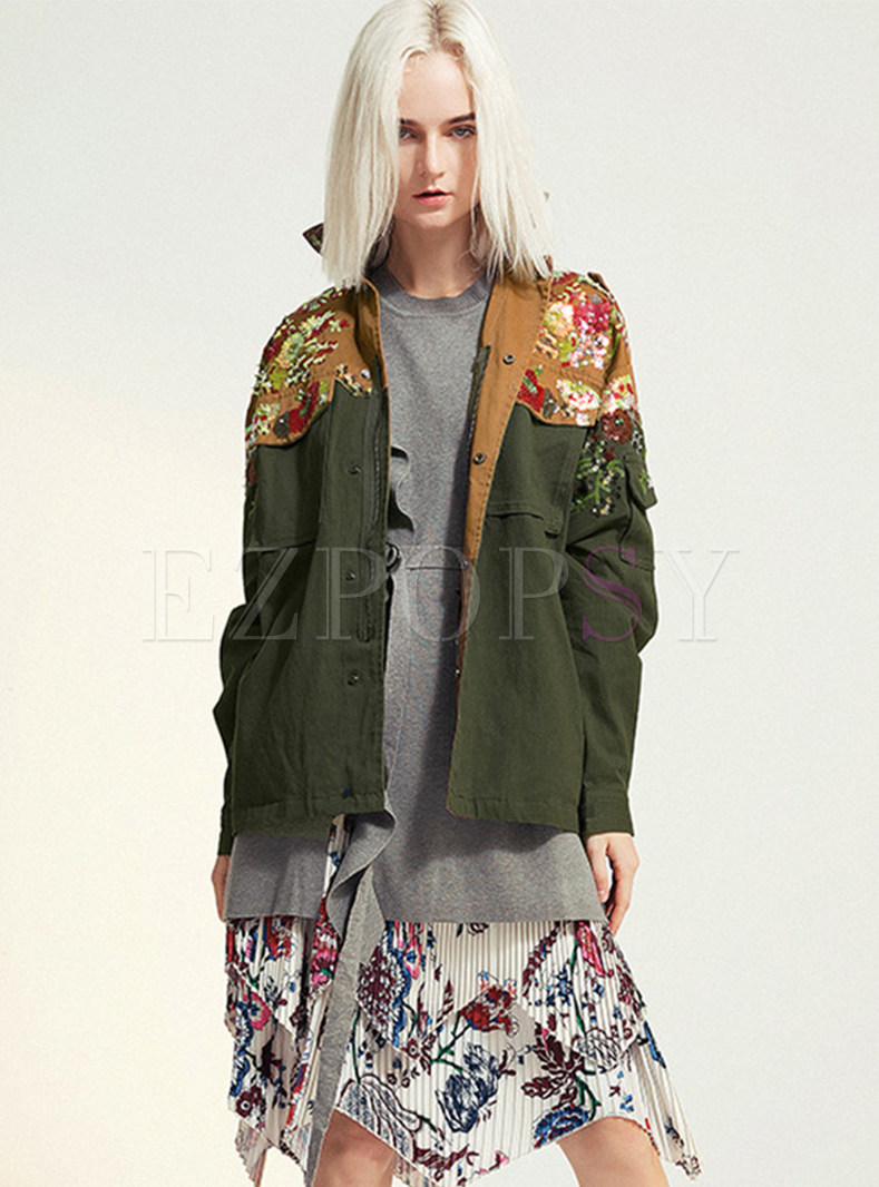 Lapel Color-blocked Embroidered Shift Coat
