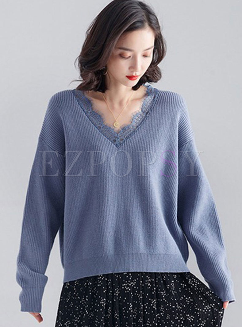Lace Patchwork Pullover Loose Sweater