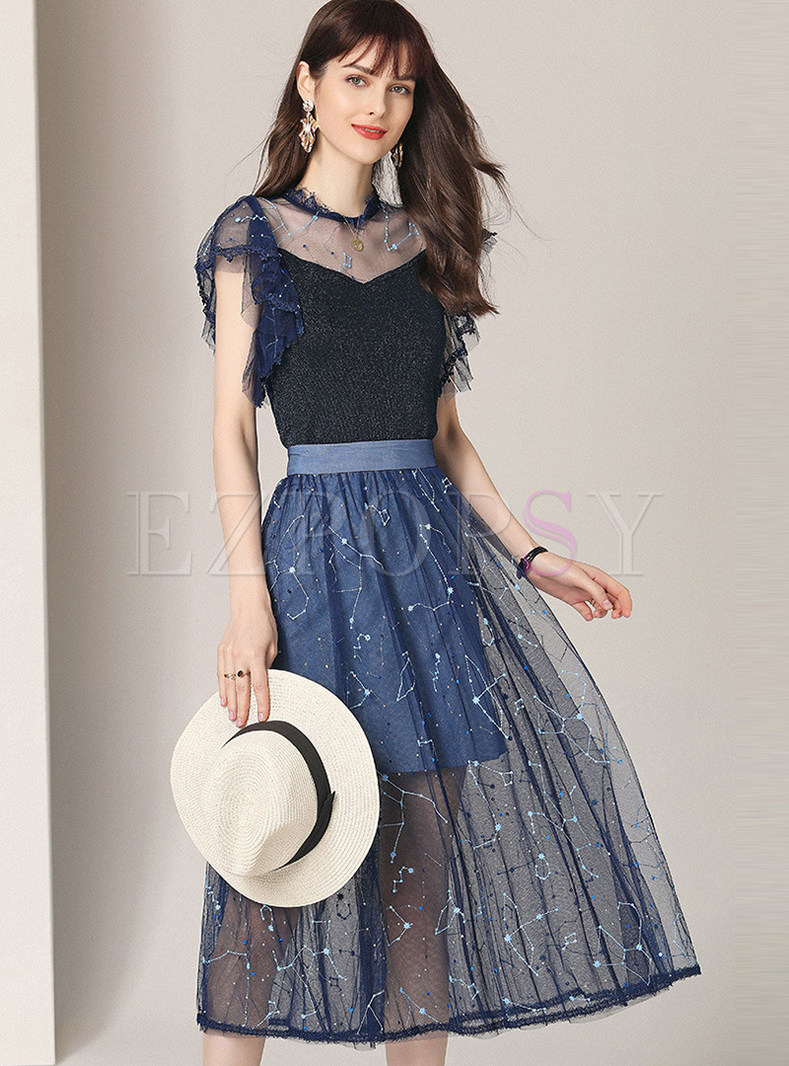 Fashion Patchwork Top Sequin Mesh Skirt Two-piece Outfits