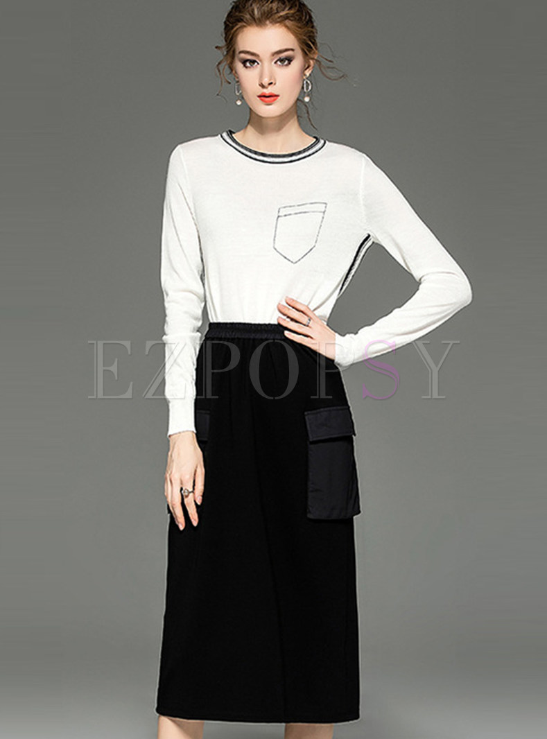 O-neck Thin Sweater & Patchwork Slim Skirt